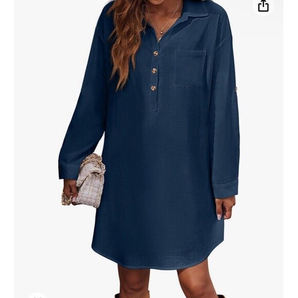 FallingFlowerOld NavyDarkBlueMidi Women’s Shirt Dress LongSleeve ButtonUpSize Xl - Picture 11 of 13